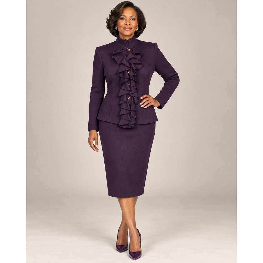 St. John Evening Marie Gray Plum Purple Ruffle Knit Skirt Suit Size 6 Vintage